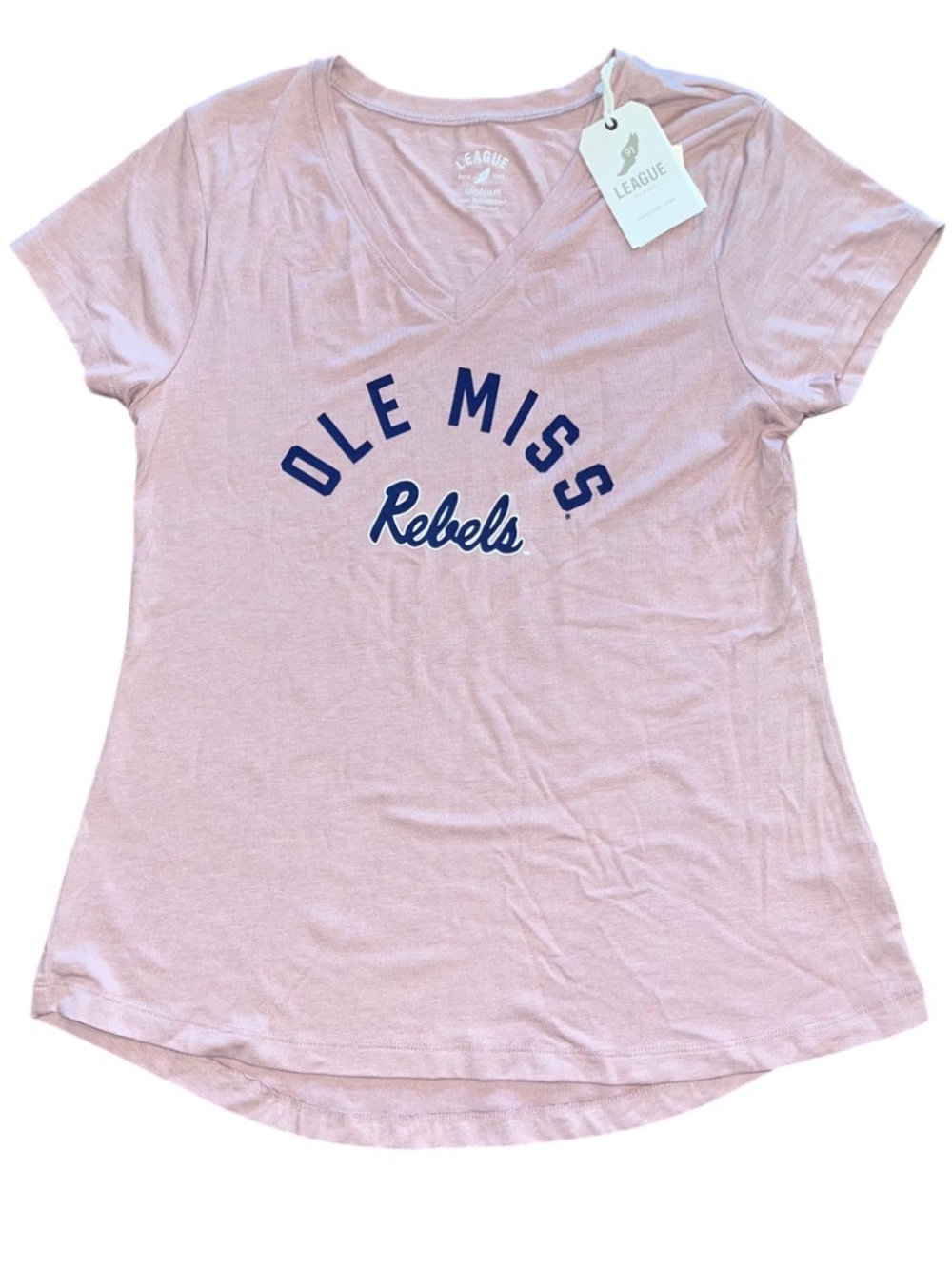 League Mauve Purple Pink Ole Miss Rebels Logo V Neck Soft Tee Shirt NWT Medium